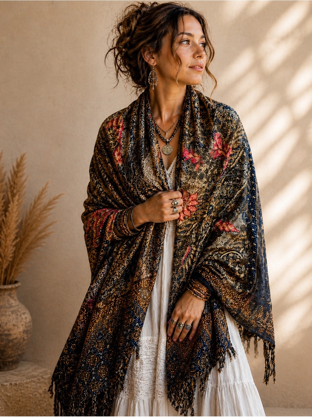 Boho Luxe Oversized Wrap Scarf Shawl | Artisan Paisley Floral | 44x65
